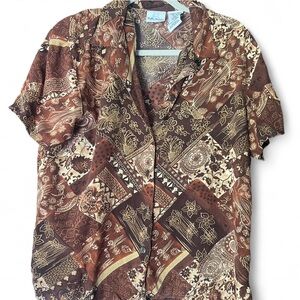 Bobbie Brooks Women's Brown and Tan Vintage Button Up Shirt Boho Size Large